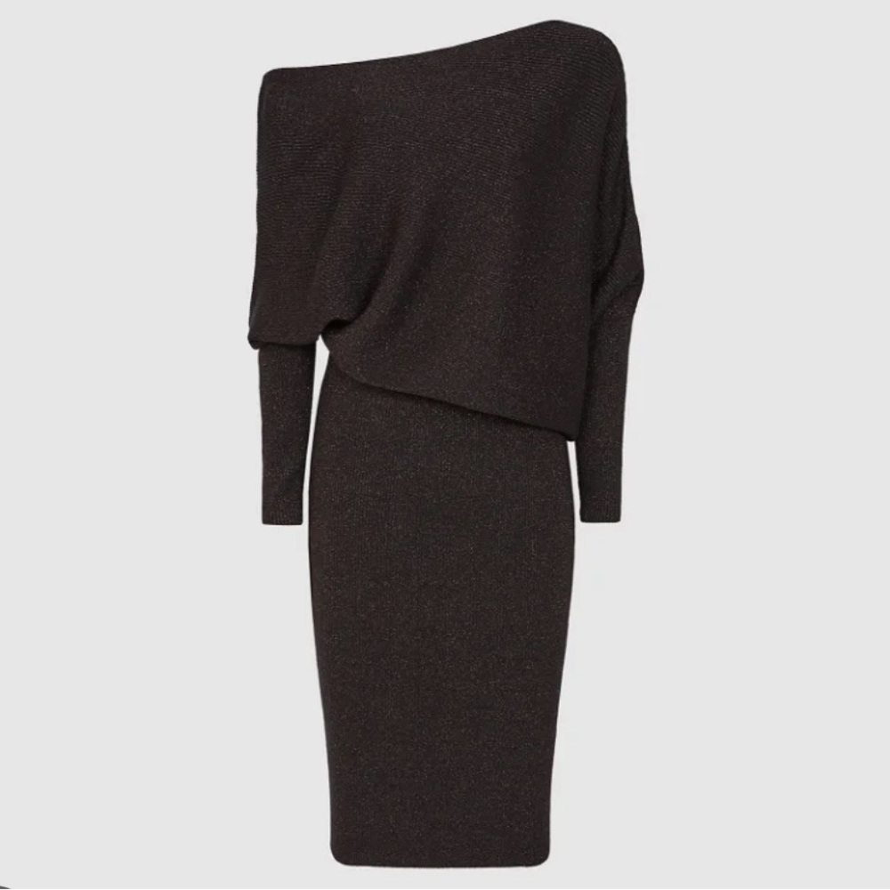 NWT REISS Vera Metallic Draped One-Shoulder Knit Dress
